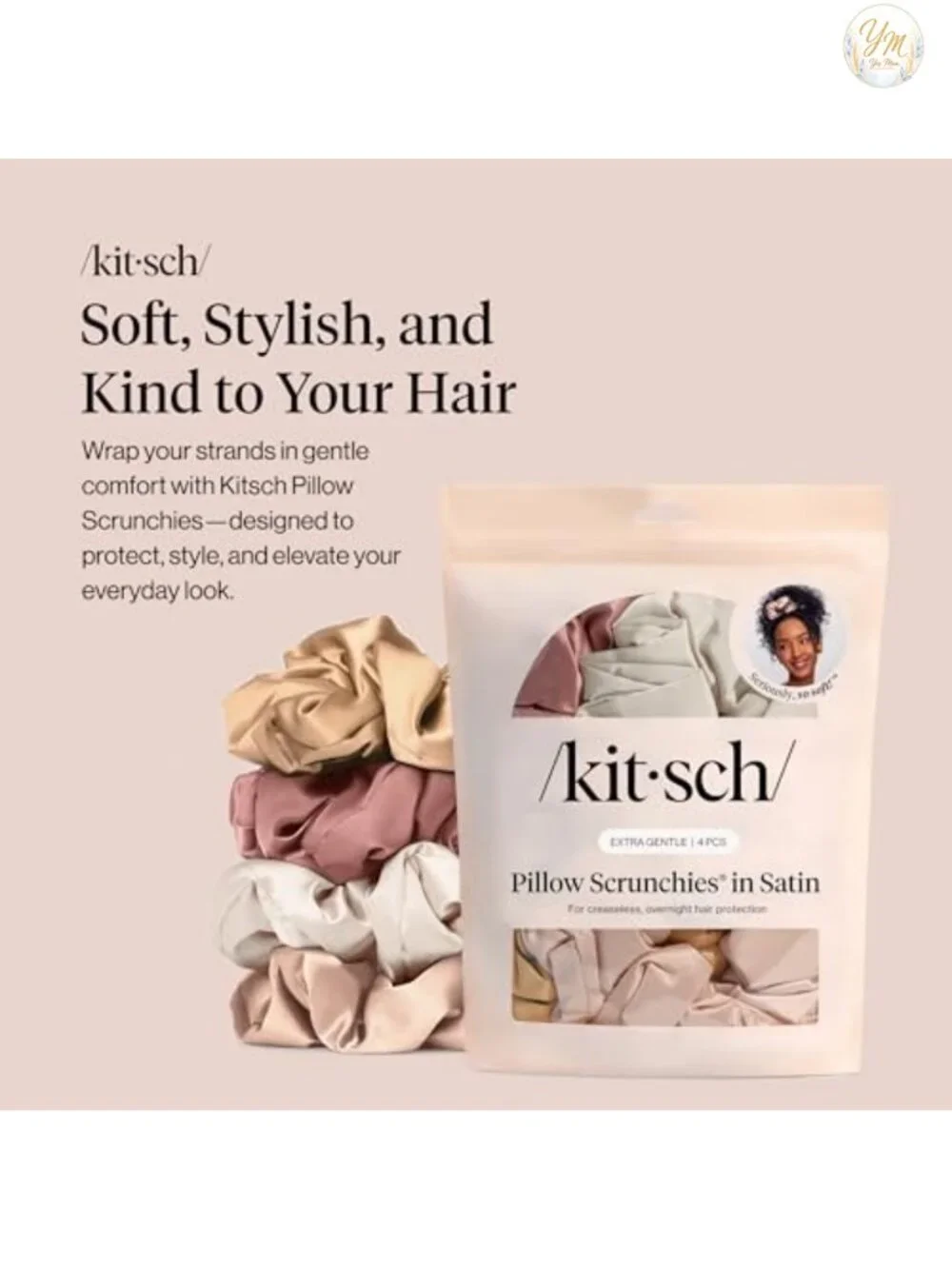 Satin Scrunchies for Women - 4 Pack, Soft Hair Ties No Crease, Gentle for Sleep